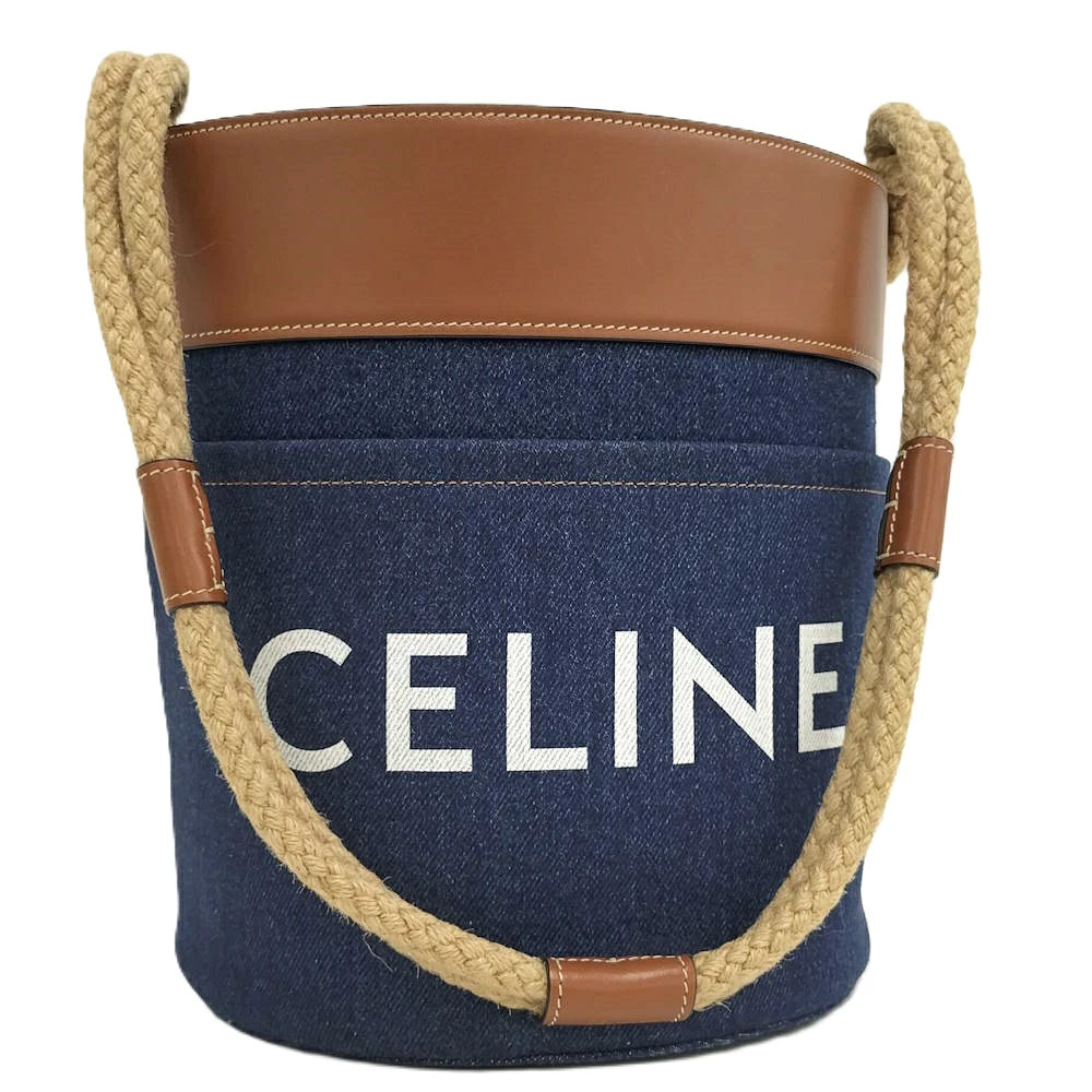Celine Denim Bucket Bag Handbag Leather Blue Brown